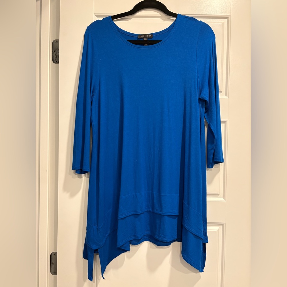 Eileen Fisher 3/4 Sleeve Viscose Jersey Teired Hem Tunic Womens Medium Packable - Picture 1 of 8
